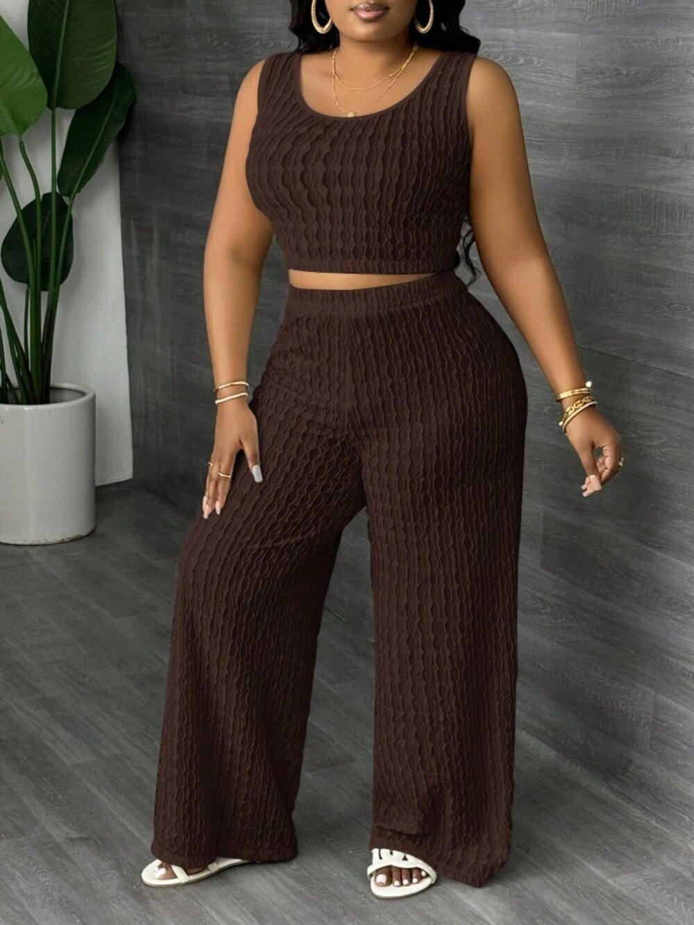Brown Casual Women's Plus Size Sleeveless Pants Set - Picture 4 of 5